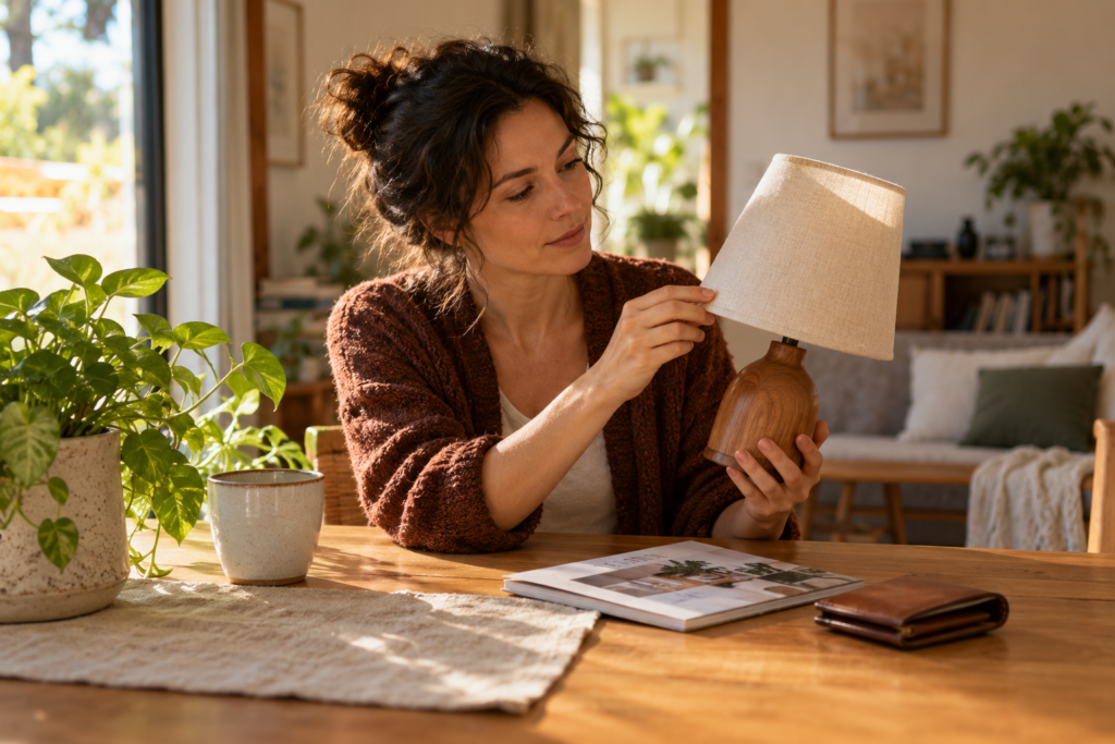Sustentabilidade sem gastar mais: o que compensa? Mulher examinando uma luminária de mesa em casa, com catálogo e carteira sobre uma mesa de madeira.