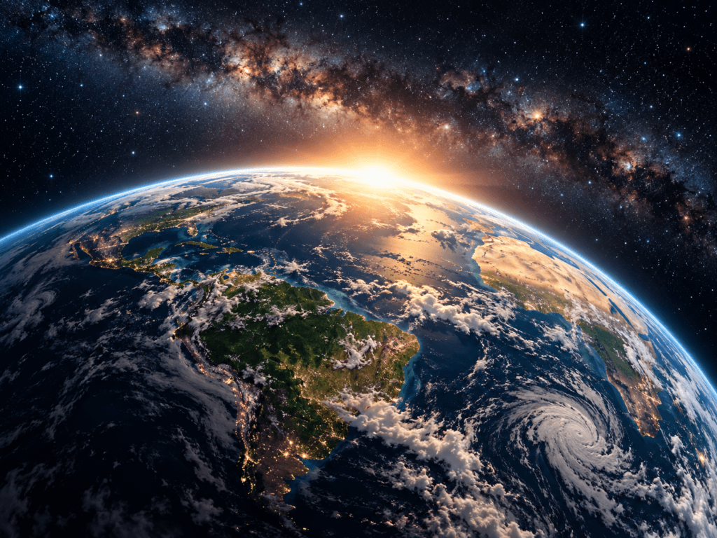 Nosso Planeta série: planeta Terra visto do espaço com oceanos, continentes, nuvens e luz do amanhecer