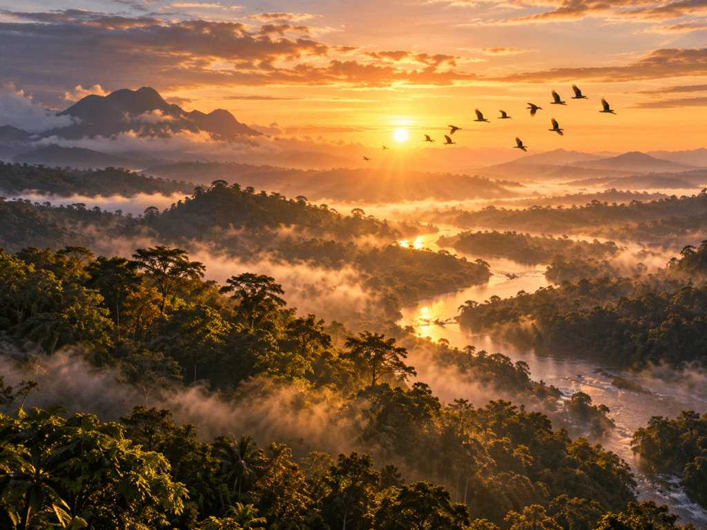 Vista aérea de extensa floresta atravessada por rios ao amanhecer com aves voando