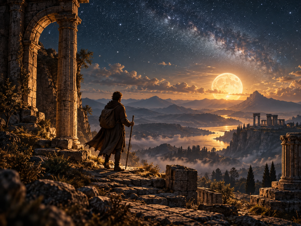 O Poder do Mito - Viajante diante de ruínas antigas, observando uma paisagem de montanhas sob o céu estrelado e a Lua no horizonte.