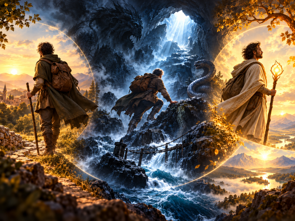Ilustração em três cenas mostrando um viajante partindo, enfrentando desafios em uma paisagem sombria e retornando transformado.
