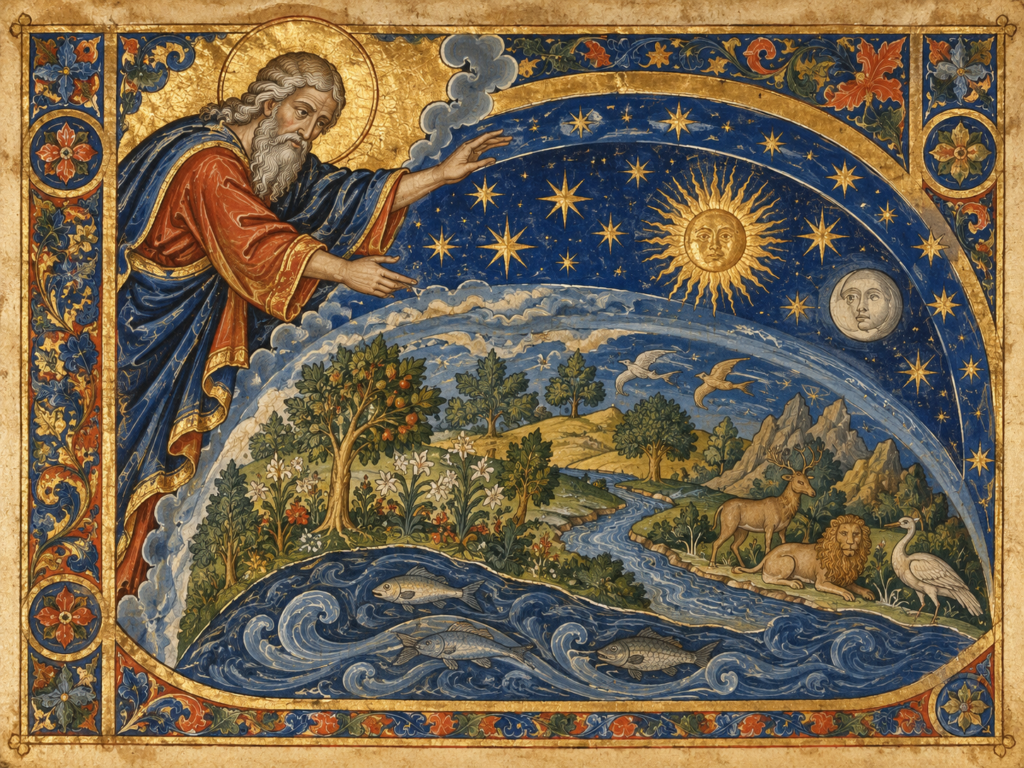 Ilustração em estilo medieval de uma figura divina criando o mundo, com Sol, Lua, estrelas, rios, animais e vegetação.