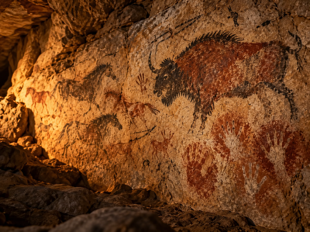 Representação artística de pinturas rupestres em uma parede de caverna, com animais e marcas de mãos em pigmentos terrosos.
