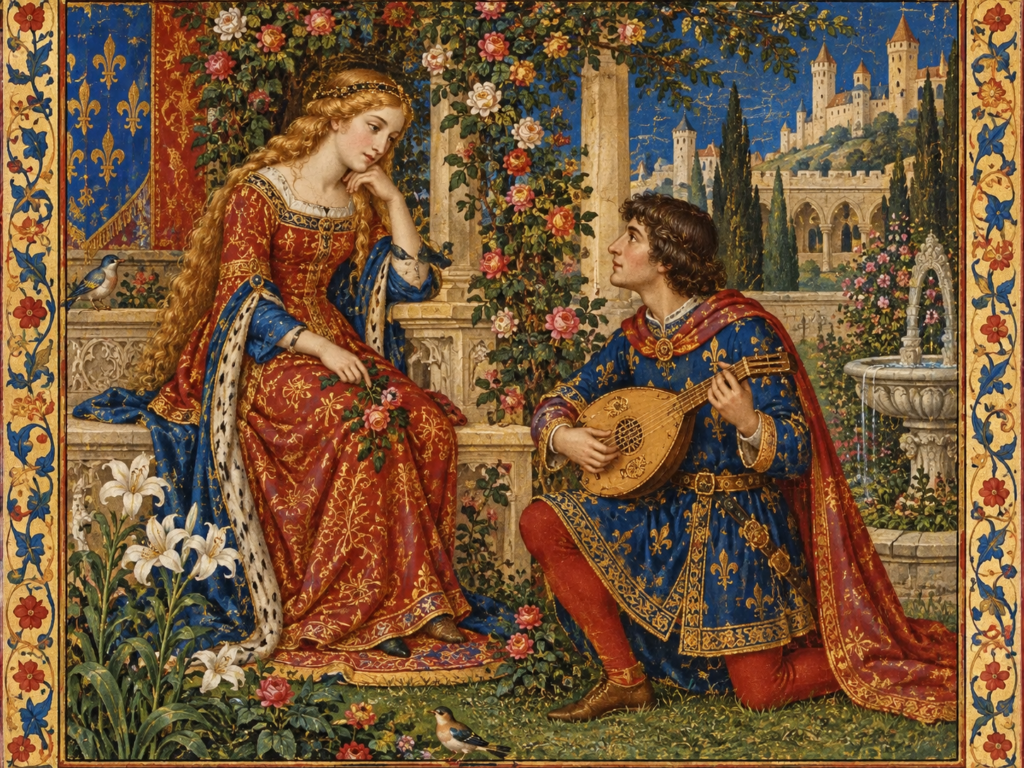 Ilustração de inspiração medieval com um trovador tocando instrumento de cordas diante de uma dama em um jardim florido.