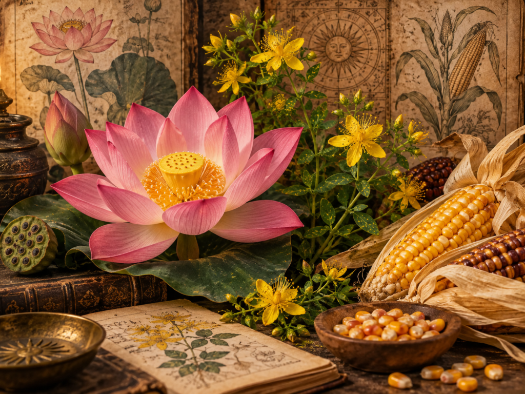 Composição artística com flor de lótus rosa, flores amarelas de hipérico e espigas de milho sobre livros e gravuras botânicas.