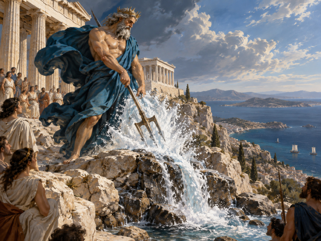 Poseidon, com manto azul e tridente, faz surgir uma fonte de água entre as rochas da Acrópole diante de observadores da Grécia antiga.