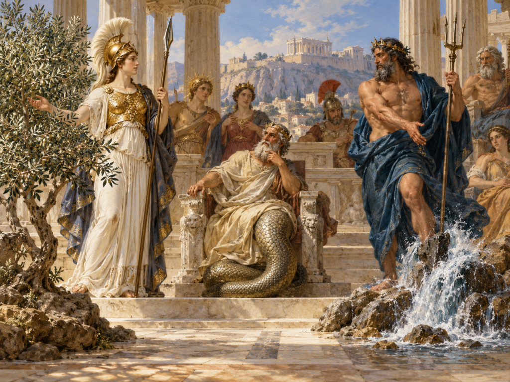 Atena e Poseidon diante de Cécrope, representado com corpo parcialmente serpentino, em uma assembleia mitológica com uma oliveira e outras figuras divinas.