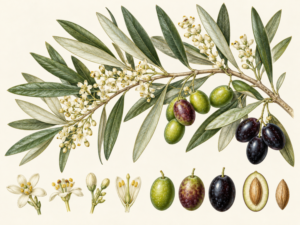 Ilustração botânica de ramos de oliveira com folhas verdes e prateadas, flores esbranquiçadas e azeitonas verdes e escuras, além de detalhes dos frutos e sementes.
