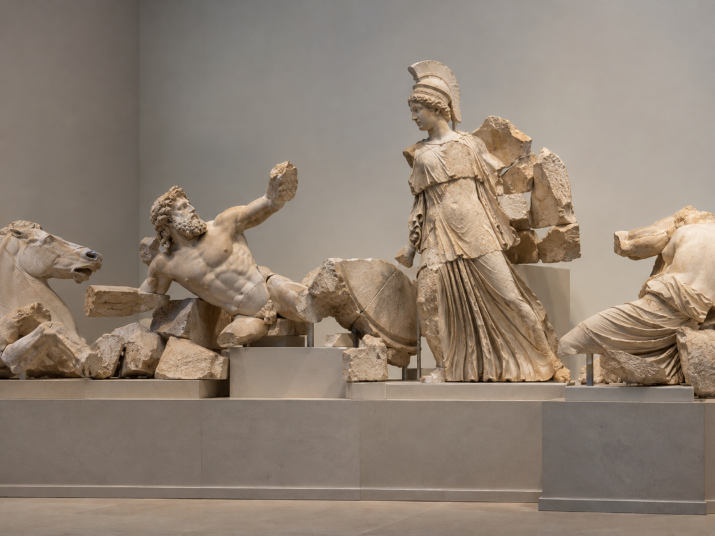 Ilustração de fragmentos de esculturas de mármore em exposição, incluindo uma figura feminina com capacete e figuras masculinas parcialmente preservadas.