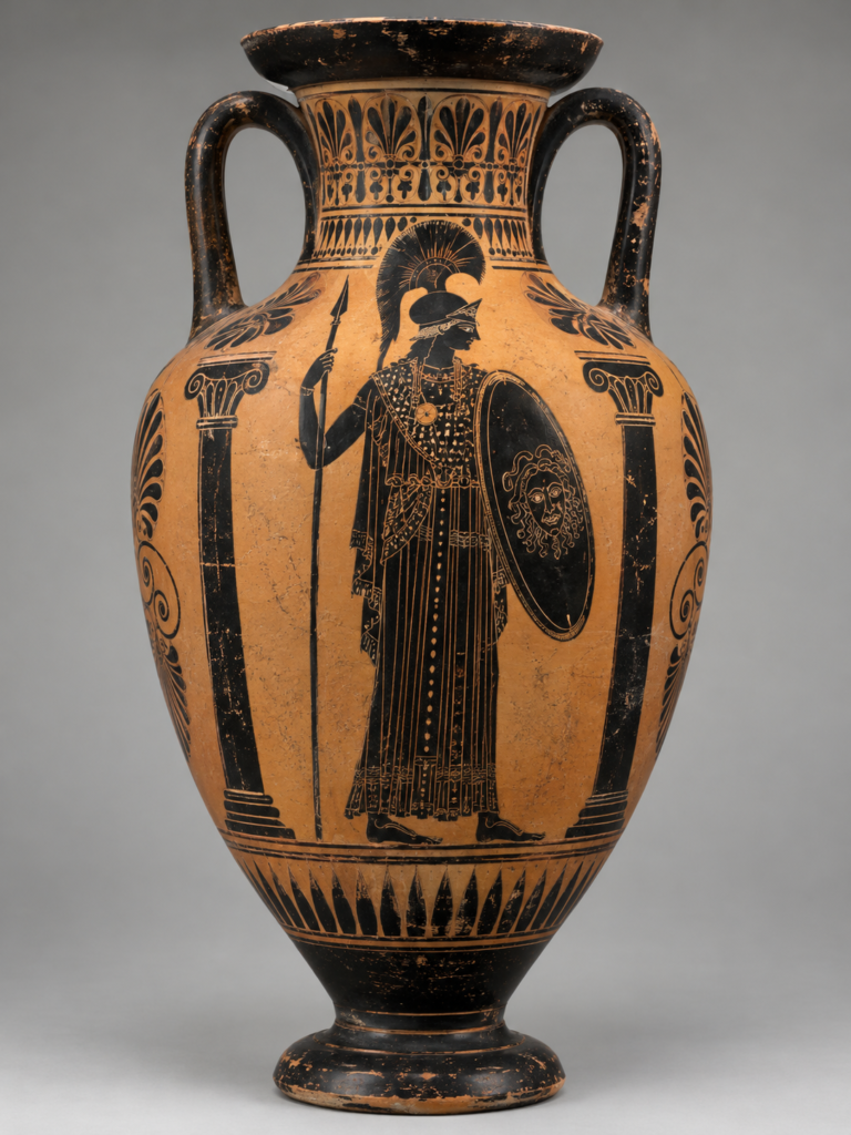 Ânfora grega de terracota em estilo de figuras negras, decorada com uma representação de Atena usando capacete, escudo e lança.