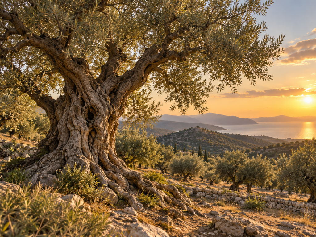 Oliveira antiga de tronco grosso e retorcido em uma encosta mediterrânea, cercada por olivais e iluminada pela luz dourada do entardecer.