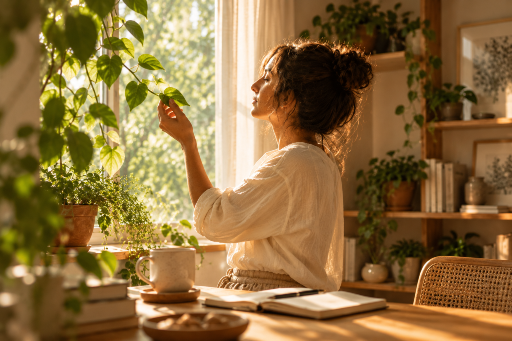 Mulher observando e tocando delicadamente uma folha de planta junto à janela, durante uma pausa em ambiente iluminado pelo sol.
