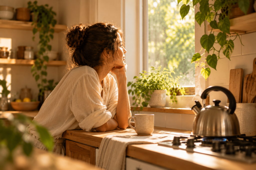 Mulher observando a paisagem pela janela da cozinha enquanto aguarda a água aquecer em uma chaleira sobre o fogão.