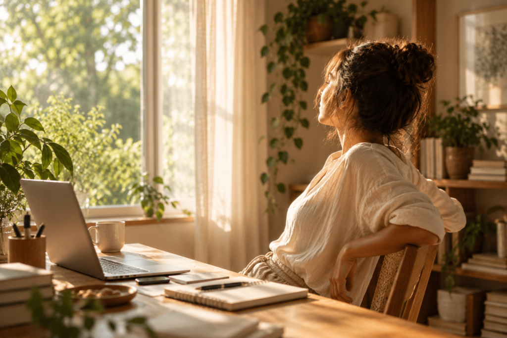 Como desacelerar em dias corridos: mulher fazendo uma pausa diante do computador e observando a luz natural pela janela em um ambiente de trabalho acolhedor.