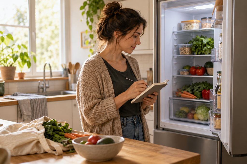 Vida sustentável na prática: mulher conferindo os alimentos da geladeira e anotando uma lista de compras em uma cozinha iluminada naturalmente.
