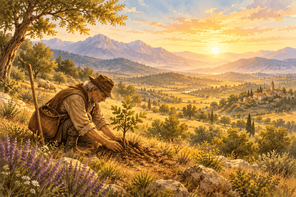 O Homem que Plantava Árvores: homem plantando uma jovem árvore em paisagem rural da Provença ao entardecer
