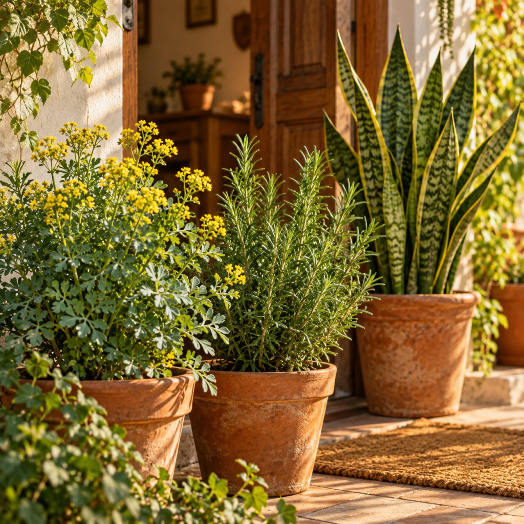 Plantas que afastam energias negativas - Vasos de arruda, alecrim e espada-de-são-jorge na entrada de uma casa, iluminados pela luz natural.