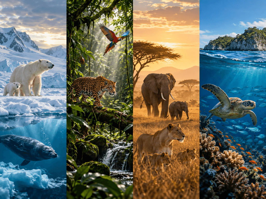 Montagem em quatro painéis mostrando diferentes biomas do planeta: região polar com urso-polar, floresta tropical com onça e arara, savana com elefantes e leões, e oceano com tartaruga-marinha e recife de corais.