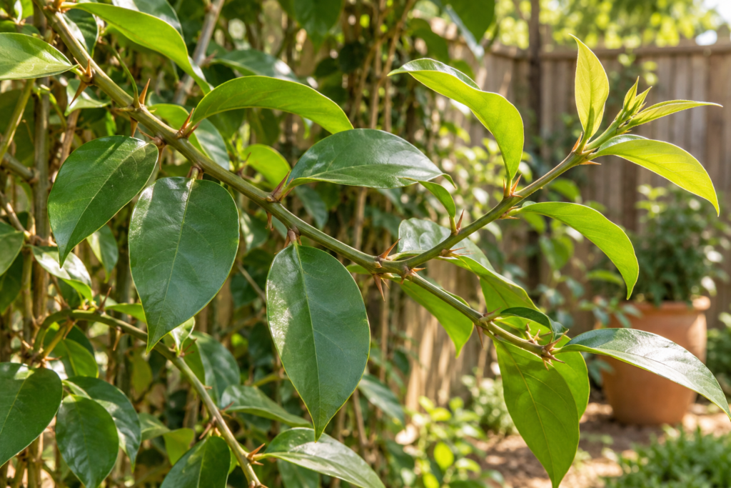 Representação ilustrativa de ramos de ora-pro-nóbis em um jardim, com folhas verdes, brotos e espinhos visíveis ao longo dos caules.