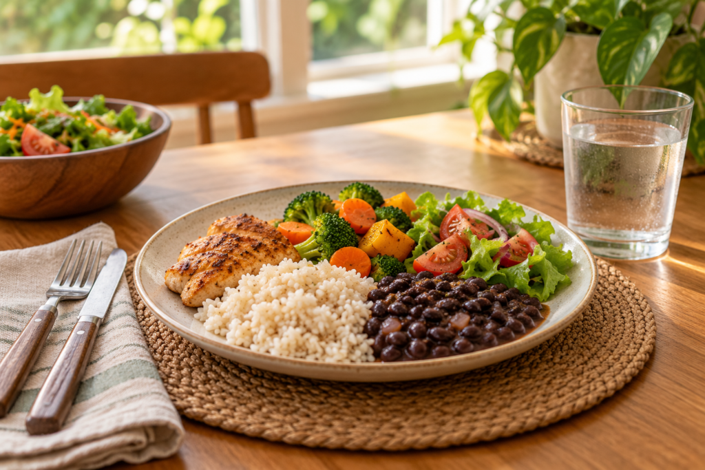 Horários e qualidade das refeições: prato com arroz, feijão, legumes e salada em uma mesa iluminada pela luz natural, representando uma refeição equilibrada.