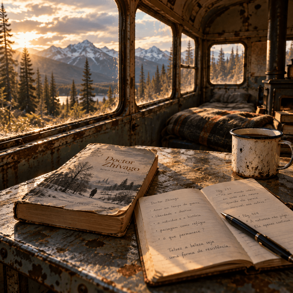 Interior de ônibus abandonado com livro Doctor Zhivago, caderno e paisagem do Alasca pelas janelas