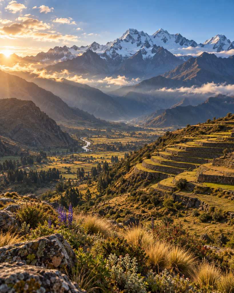 Rituais dos povos andinos: paisagem da Cordilheira dos Andes com montanhas nevadas, terraços agrícolas, vegetação de altitude e luz dourada do amanhecer.