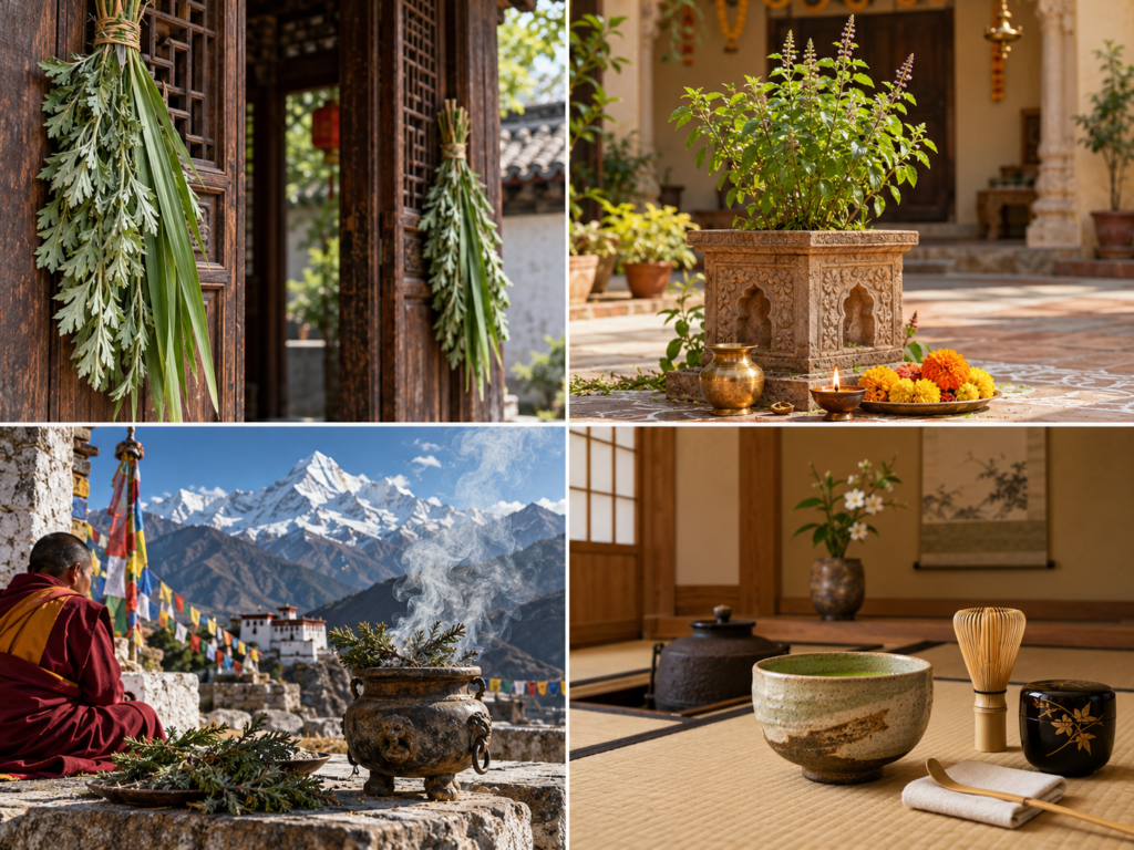 Rituais da Ásia — Composição em quatro cenas mostrando ervas em uma porta chinesa, tulsi em um altar indiano, incenso nas montanhas tibetanas e utensílios da cerimônia japonesa do chá.