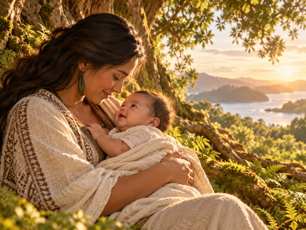 Mulher com bebê sorridente no colo, sentada sob uma árvore de grande porte, com vegetação verde e paisagem costeira ao fundo.