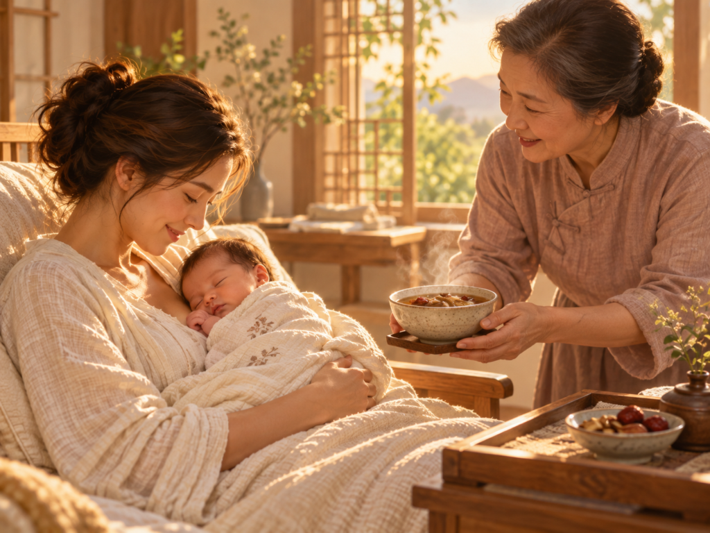 Mãe descansa com recém-nascido adormecido nos braços enquanto uma mulher mais velha lhe oferece uma tigela de comida quente em ambiente familiar.