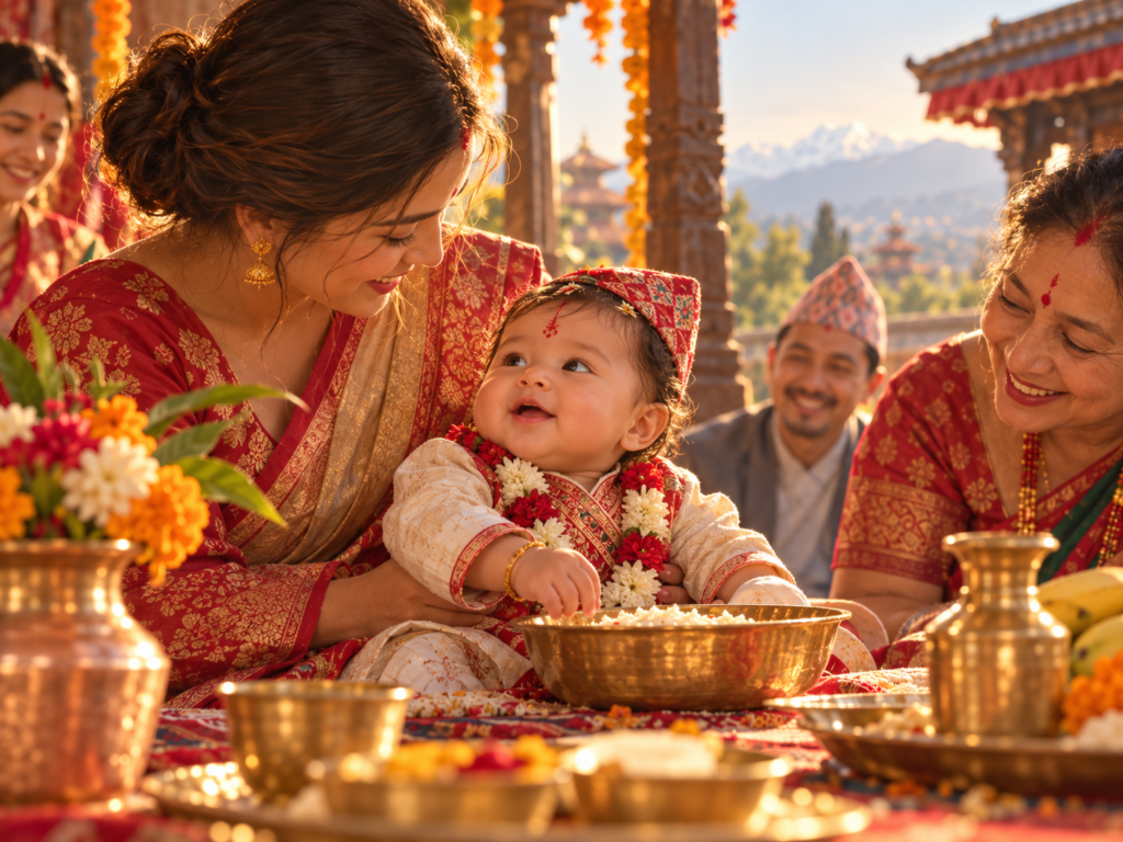 Bebê sorridente com roupas festivas nepalesas, acompanhado pela família diante de uma tigela de arroz e recipientes tradicionais de metal.