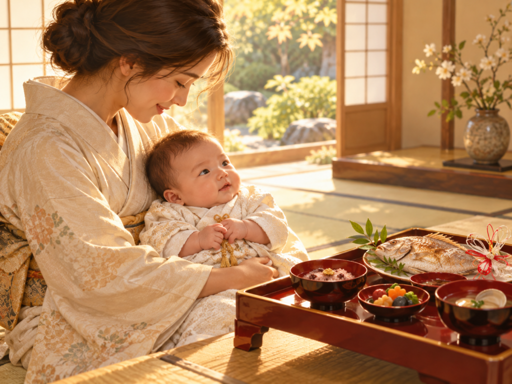 Mãe japonesa segura bebê pequeno diante de uma bandeja cerimonial com arroz, peixe e tigelas tradicionais em uma sala de tatame.