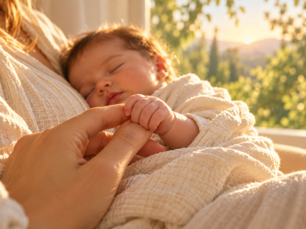 Mão pequena de bebê adormecido segura delicadamente o dedo de uma pessoa adulta, envolvida por tecido claro sob luz dourada.