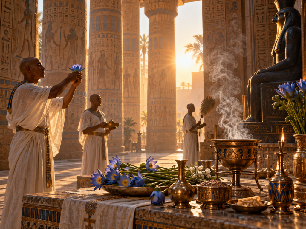 Rituais do Egito Antigo — Sacerdotes egípcios vestidos de linho branco oferecem flores de lótus azul e incenso diante de uma imagem divina em um templo iluminado pelo amanhecer.