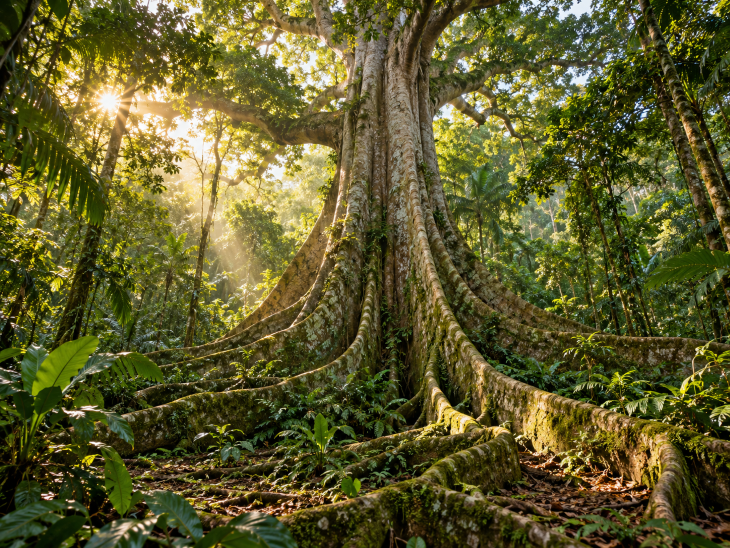Rituais de Cura dos Povos Maias —Ceiba monumental com tronco espesso e enormes raízes tabulares em uma floresta tropical, iluminada por raios de sol entre as árvores.