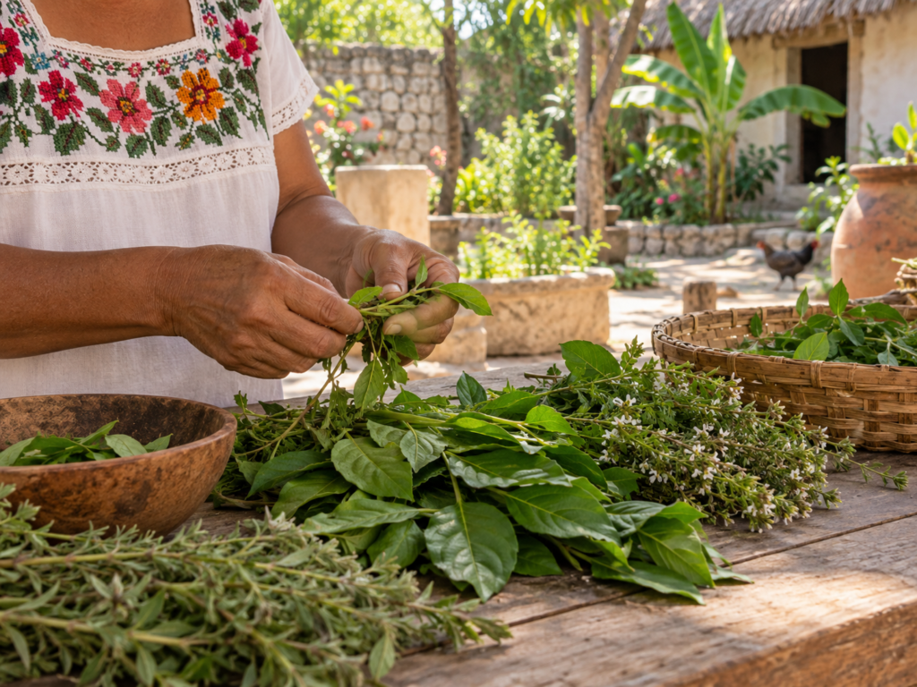 Mulher com blusa branca bordada organiza folhas e ramos verdes sobre uma mesa de madeira em um jardim rural.