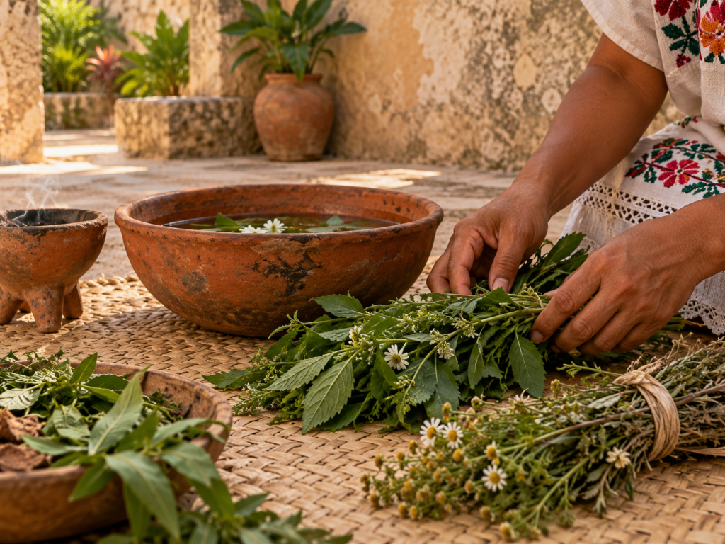 Mãos organizam ramos verdes e pequenas flores sobre uma esteira de fibras vegetais, ao lado de uma tigela de barro com água.