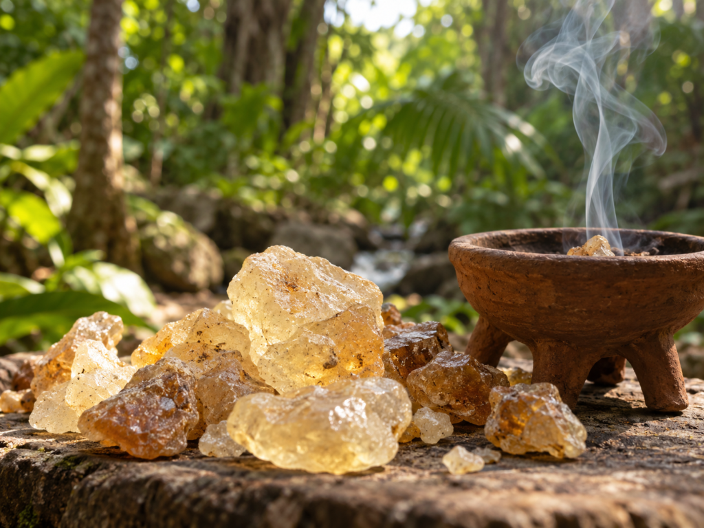Fragmentos translúcidos de resina de copal em tons âmbar e dourado ao lado de um incensário de barro com fumaça, diante de uma floresta.