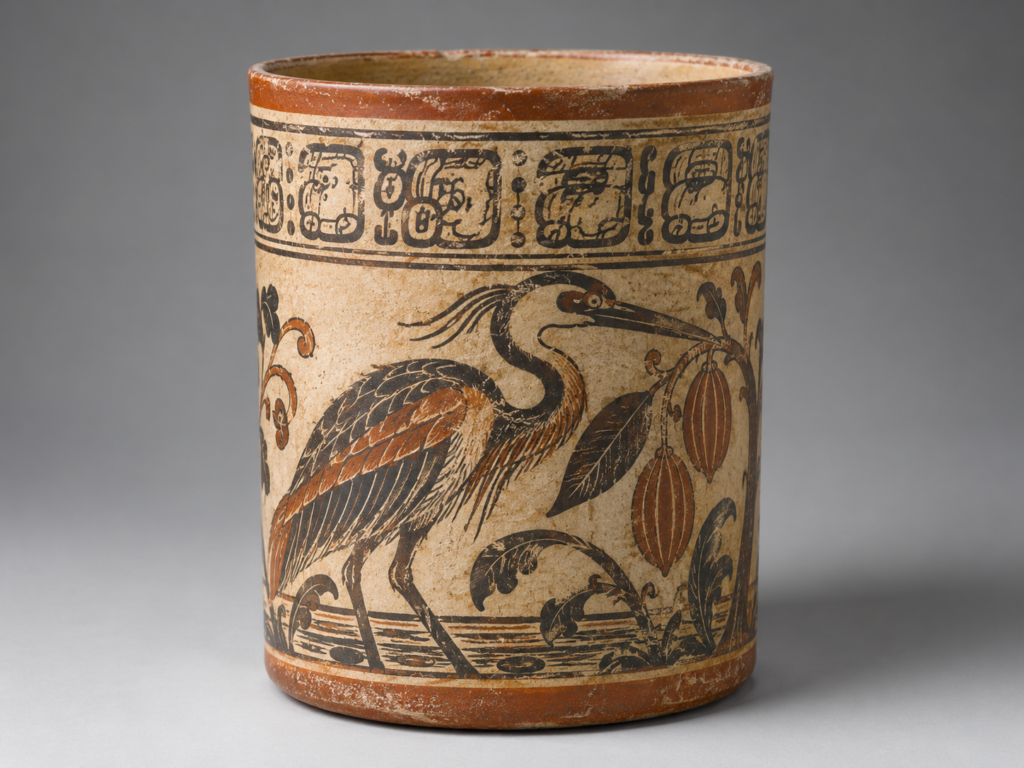 Vaso cilíndrico de cerâmica clara com decoração inspirada na arte maia, incluindo uma ave aquática, frutos de cacau e sinais estilizados.