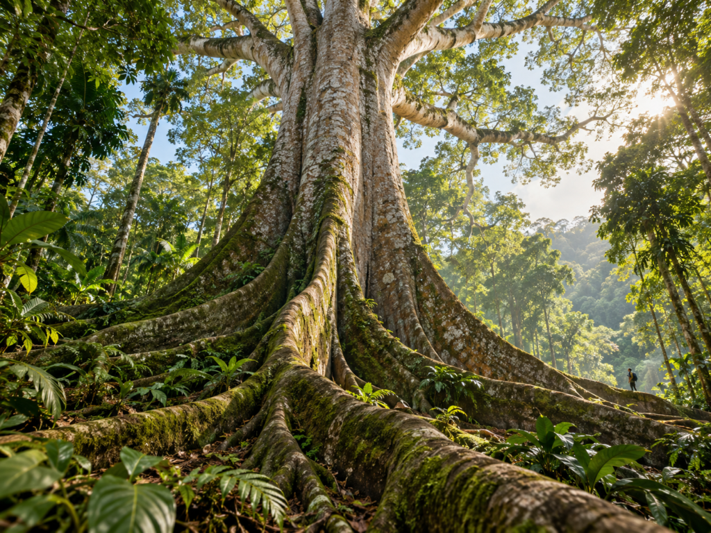 Tronco monumental de uma ceiba com raízes tabulares cobertas de musgo em floresta tropical, com uma pequena figura humana ao fundo.