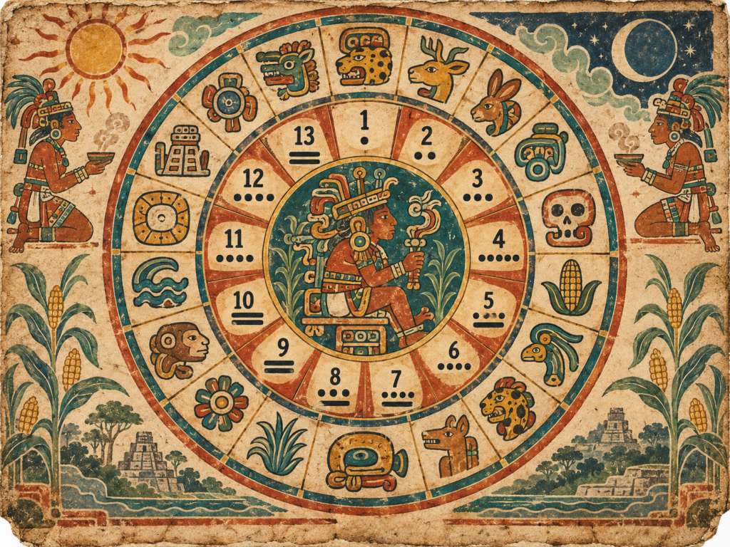 Composição circular em estilo de manuscrito mesoamericano, com números, figuras estilizadas, símbolos decorativos e plantas de milho nas laterais.