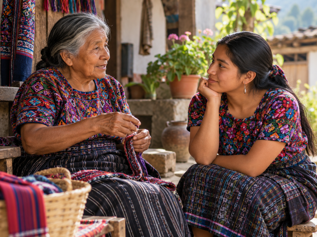 Mulher idosa e mulher jovem usando vestimentas tradicionais bordadas conversam sentadas em um pátio comunitário cercado por flores.
