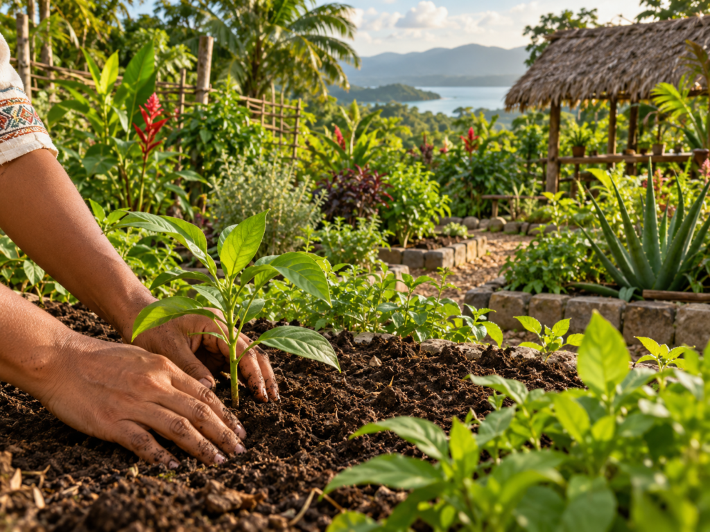 Mãos plantam uma muda de folhas verdes em solo úmido, entre canteiros de plantas tropicais em um jardim próximo à floresta.