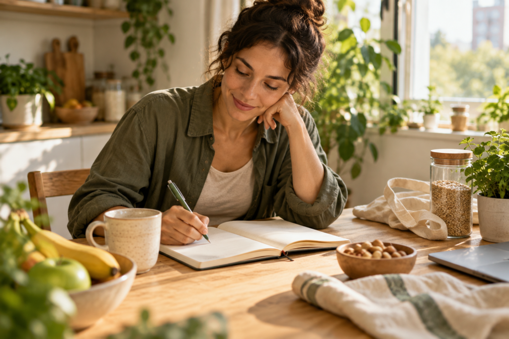 Consumo consciente: um desafio de 7 dias. Mulher fazendo anotações em um caderno sobre uma mesa de madeira, com alimentos e objetos domésticos ao redor.