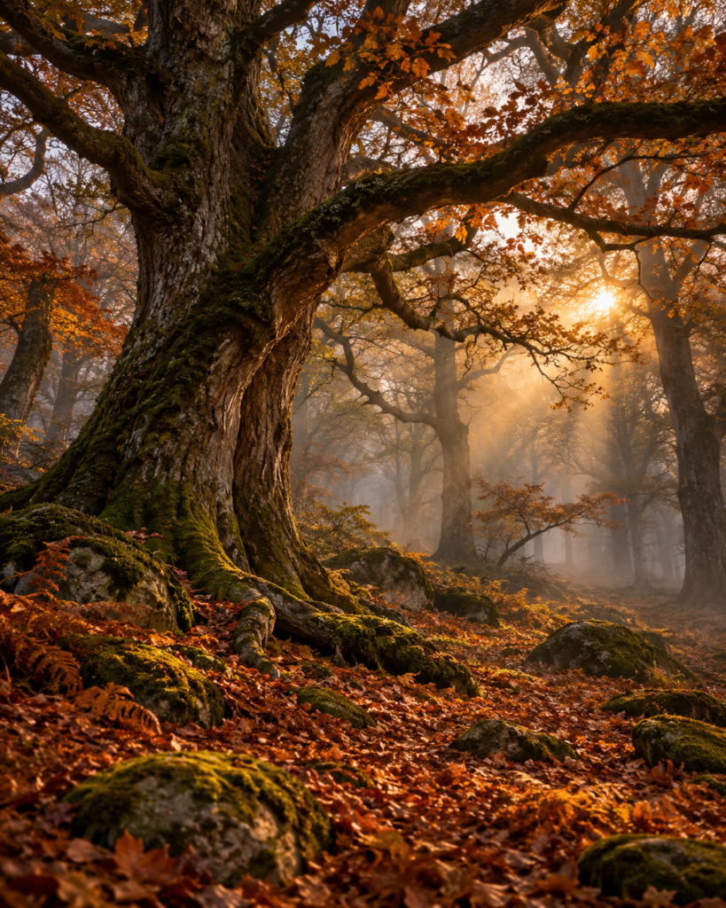 Samhain: carvalho centenário em floresta de outono, com folhas acobreadas, musgo e luz dourada atravessando a névoa.