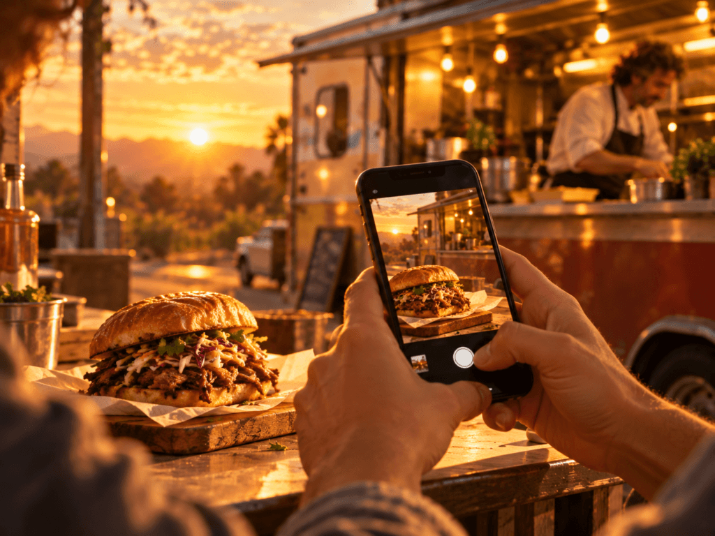 Pessoa fotografando um sanduíche com celular diante de um food truck ao pôr do sol