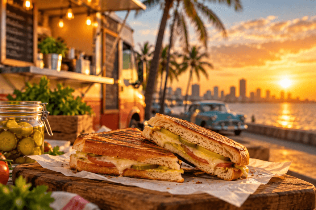Sanduíche prensado em primeiro plano com food truck, palmeiras e paisagem de viagem ao fundo