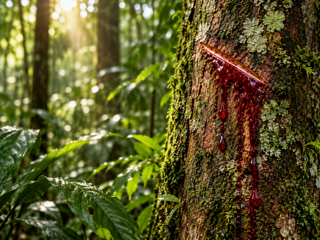 Sangue-de-dragão — A árvore que sangra na Amazônia - Tronco de árvore com líquido vermelho escorrendo pela casca, em uma floresta tropical iluminada pelo sol.