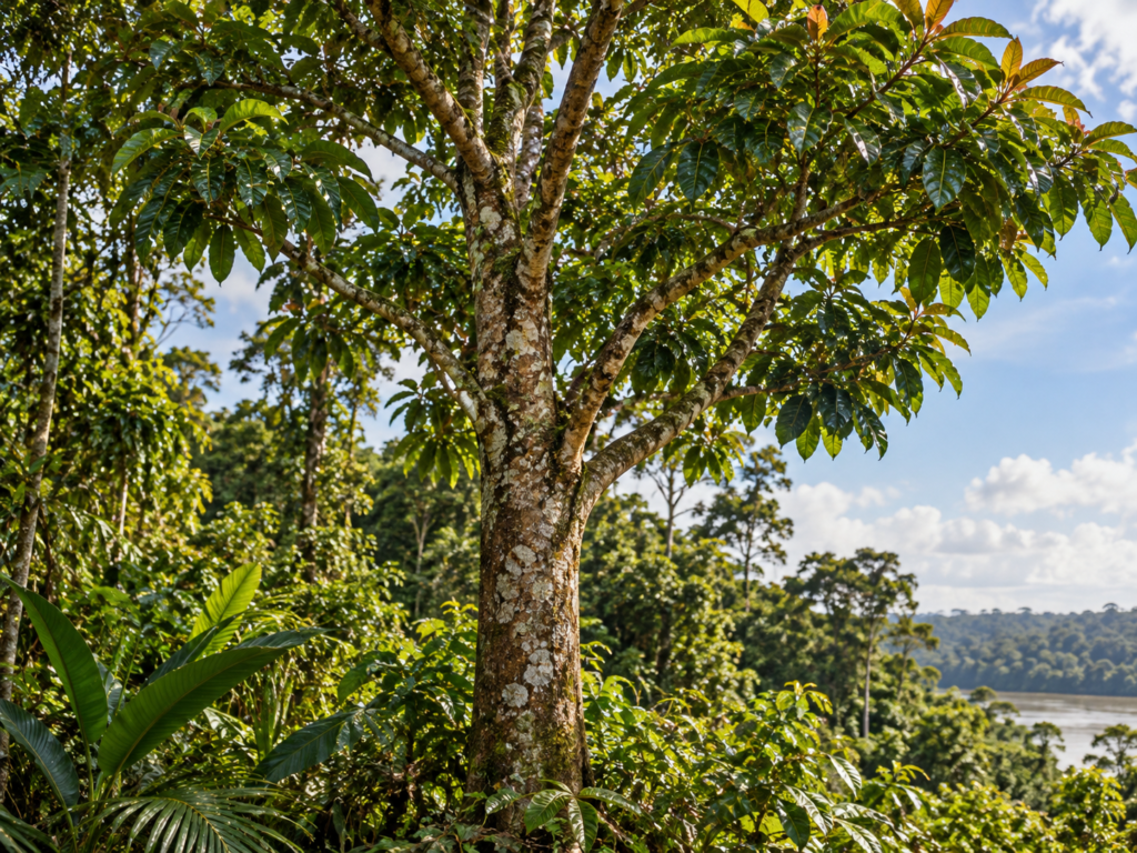 Árvore tropical de tronco claro e copa verde, crescendo próxima a um rio, cercada por vegetação de floresta úmida.