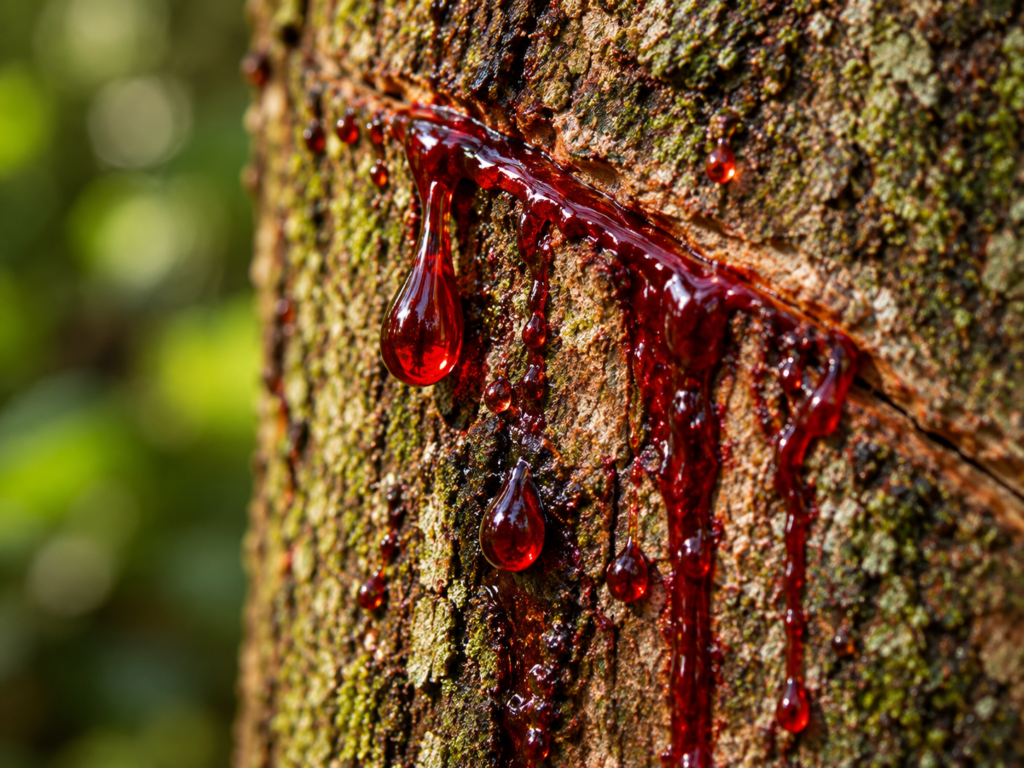 Gotas brilhantes de líquido vermelho escuro escorrendo por uma abertura na casca rugosa de uma árvore.