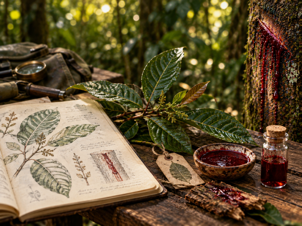 Caderno com desenhos botânicos, folhas verdes, recipiente com líquido vermelho e materiais de pesquisa sobre mesa de madeira na floresta.